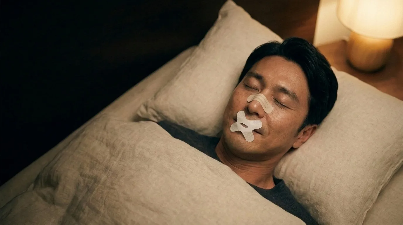 口テープと鼻テープをつけて安らかに眠る男性
