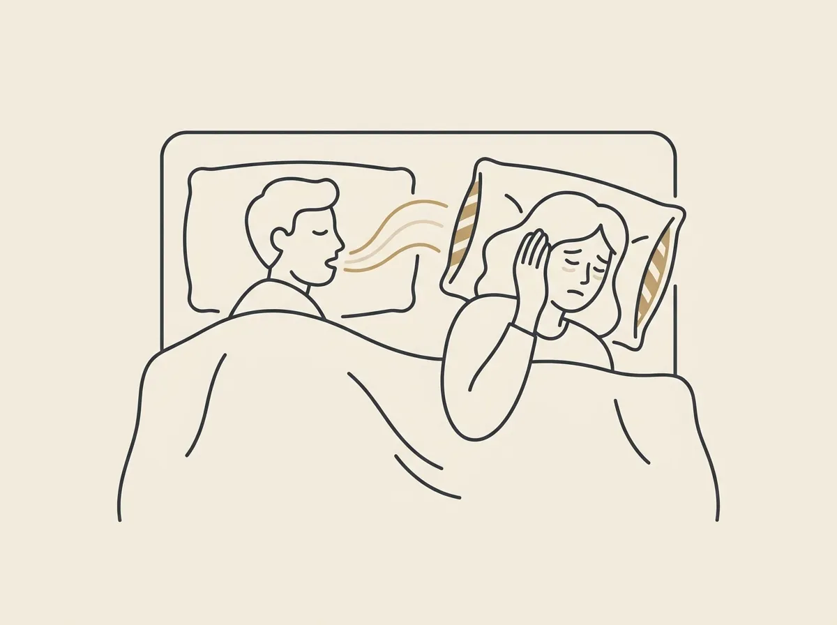 隣のいびきに枕で耳をふさぐ人のイラスト
