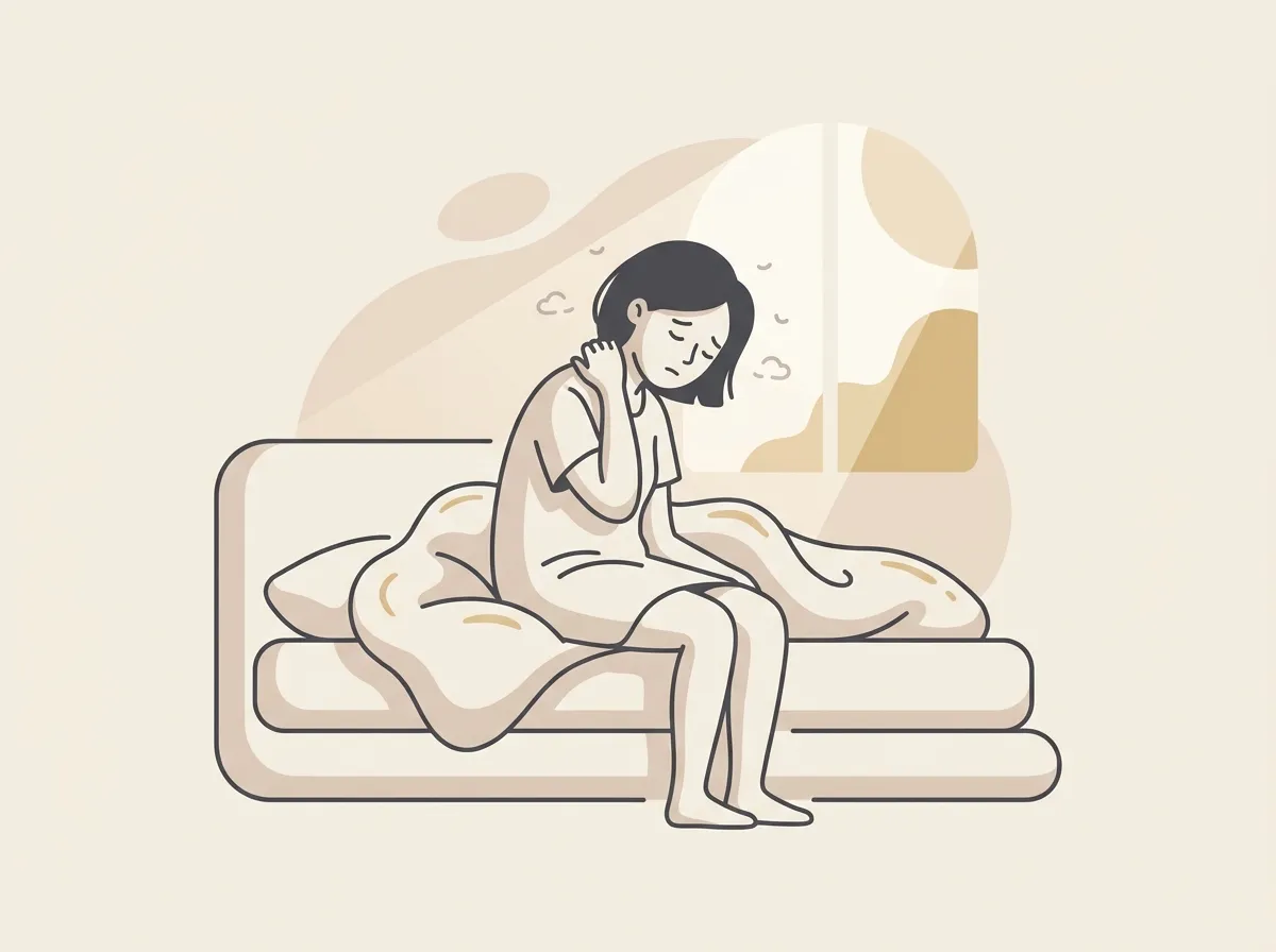 朝、ベッドの縁でだるそうに座る人のイラスト
